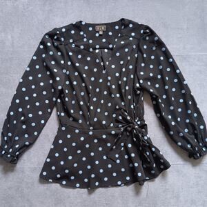 OLM EUC Top Size Medium Black w/Blue Polka Dot Wrap Side Tie Blouse